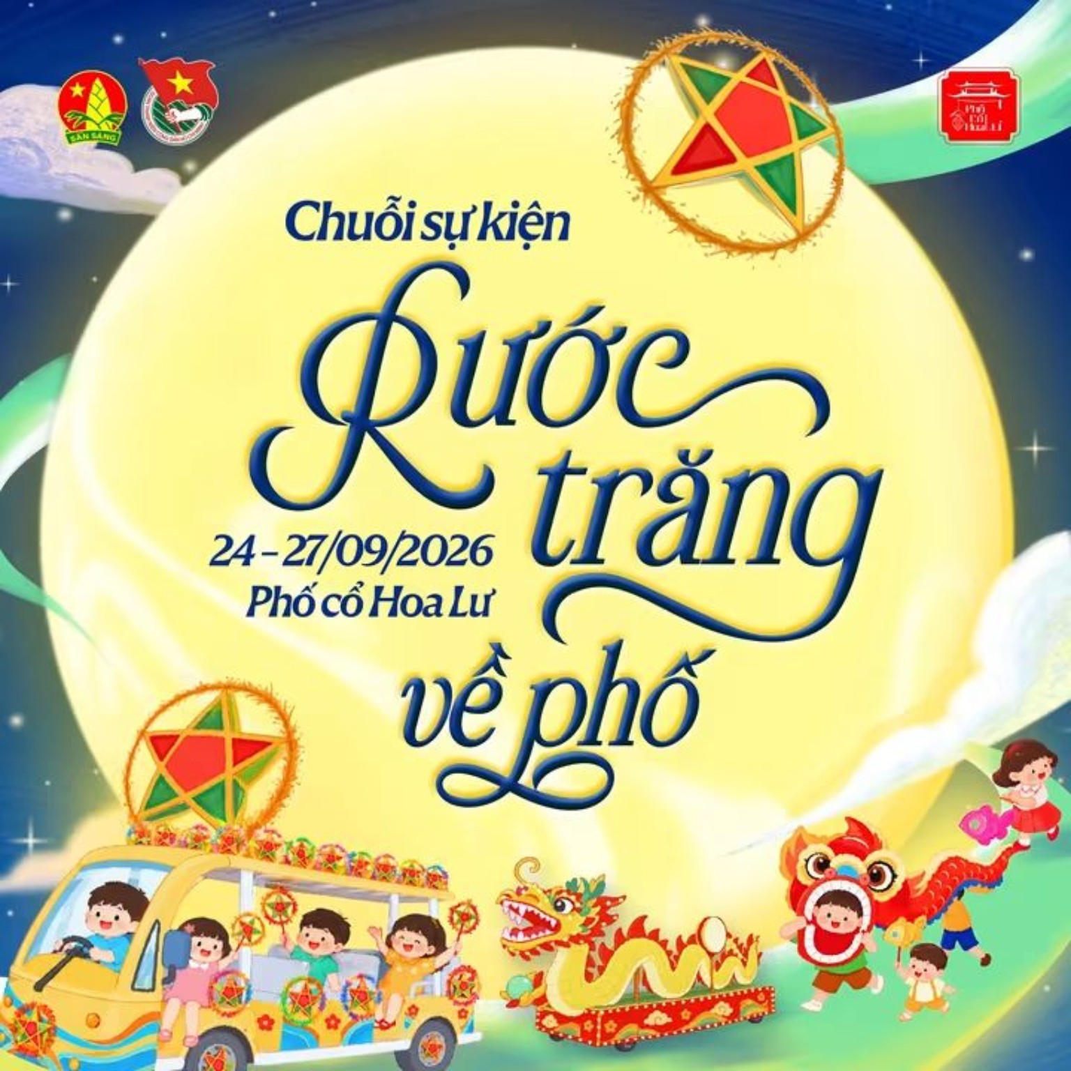 Poster chuỗi sự kiện “Rước trăng về phố” tại Phố cổ Hoa Lư, 24–27/9/2026.