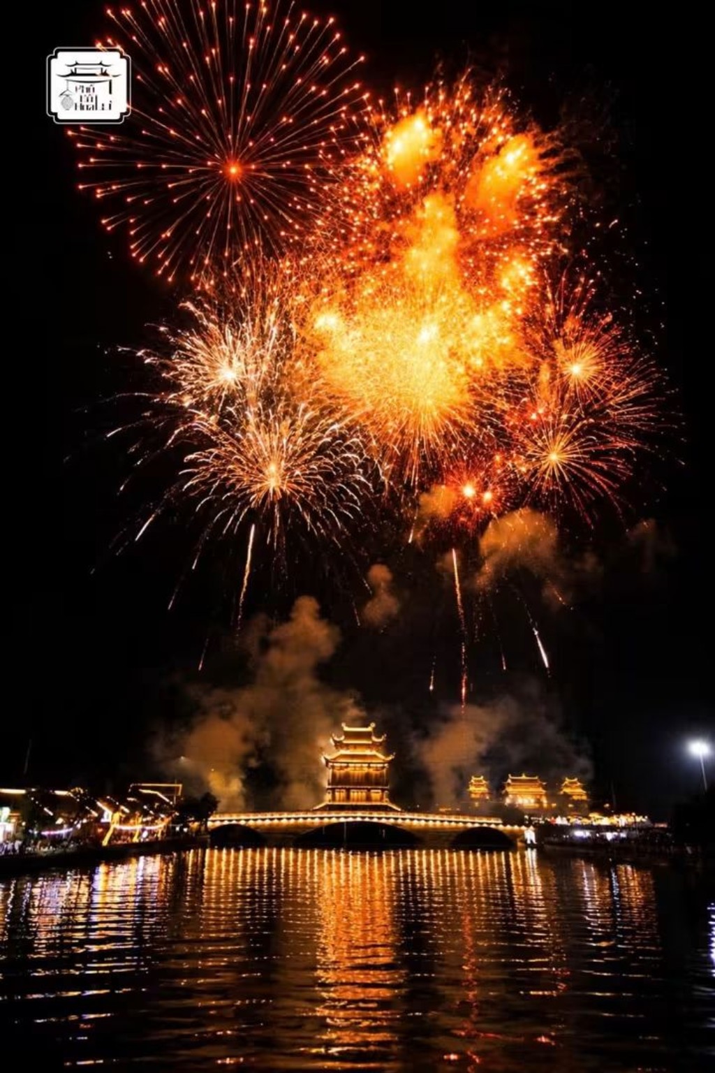 Những chùm pháo hoa vàng bung nở trên nền trời đêm.